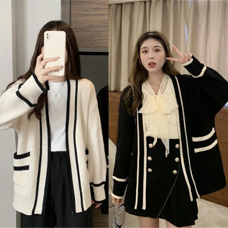 

College Style Striped Knitted Cardigan Womens Korean Autumn Long Sleeve Casual Loose Open Front Sweater Coat Outwear