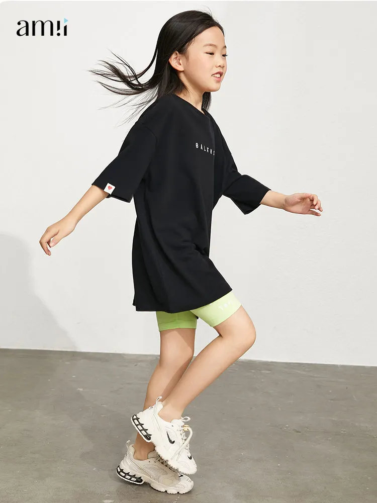 

Детские футболки Amii для девочек, хлопковые летние топы с круглым вырезом и коротким рукавом для девочек-подростков, футболки 22130052