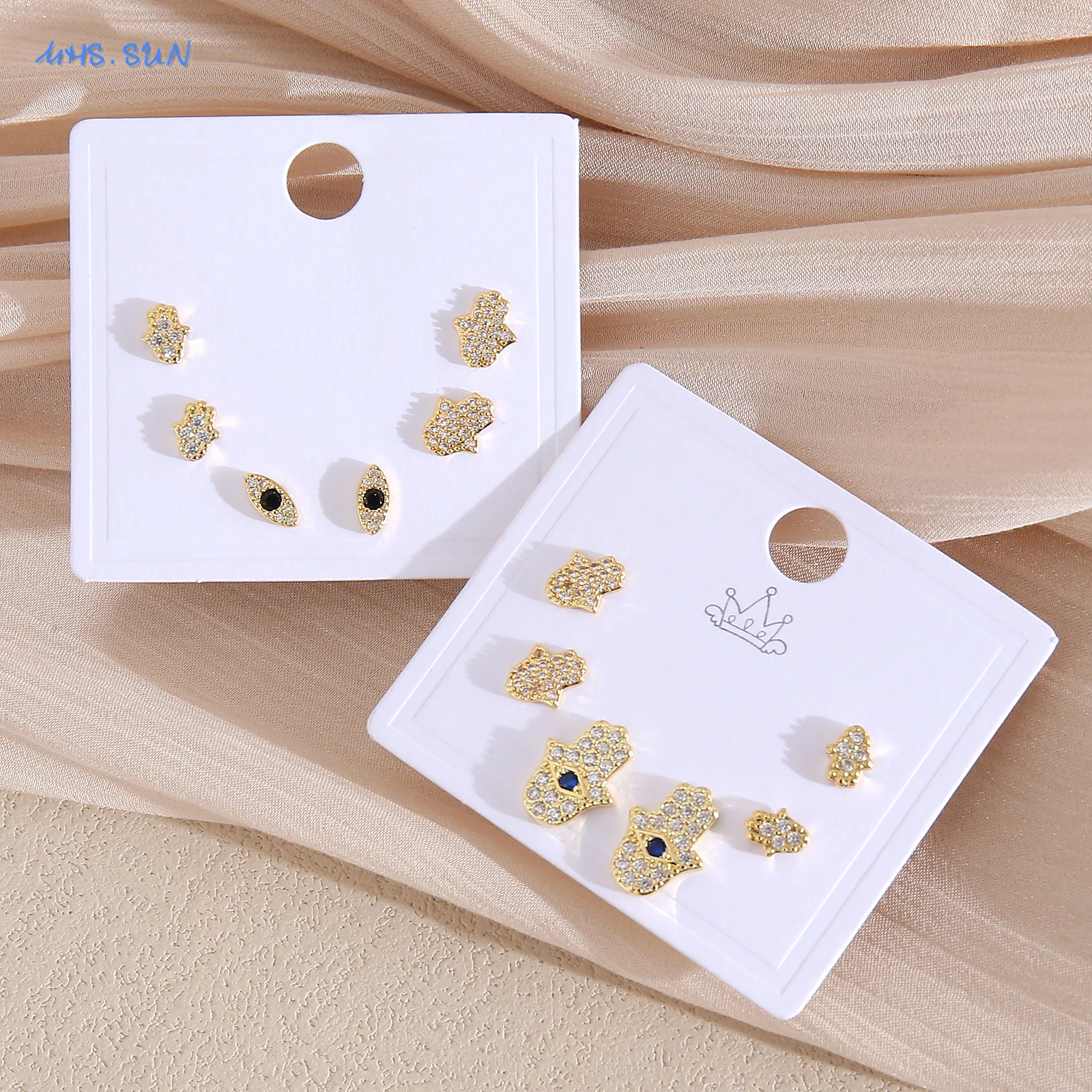MHS.SUN 3 пары серег-гвоздиков с цирконием Фатима Хамса набор позолоченных