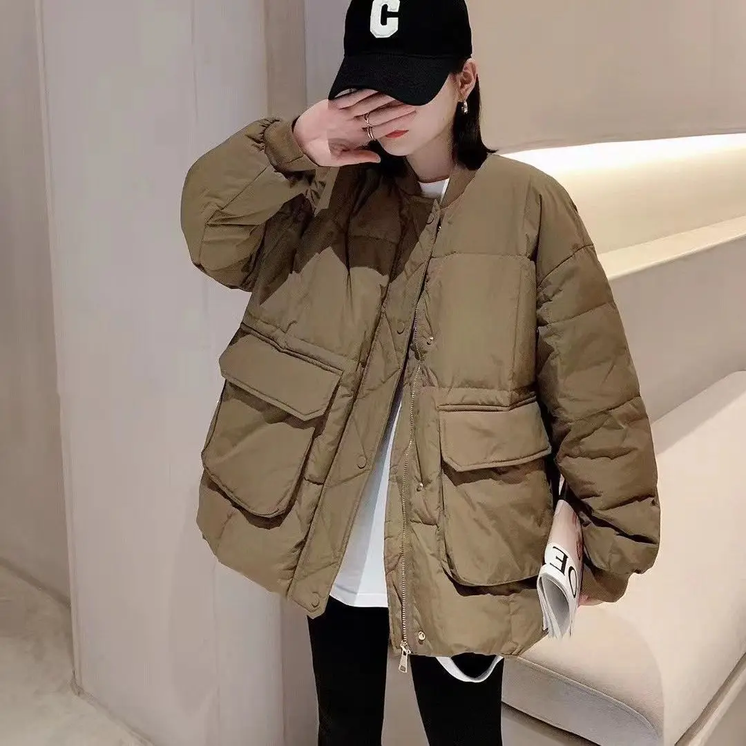 Polychrome 2023 New Big Pocket Short Down Jacket Coat, Women's White Duck Down Baseball Uniform Casual Coat