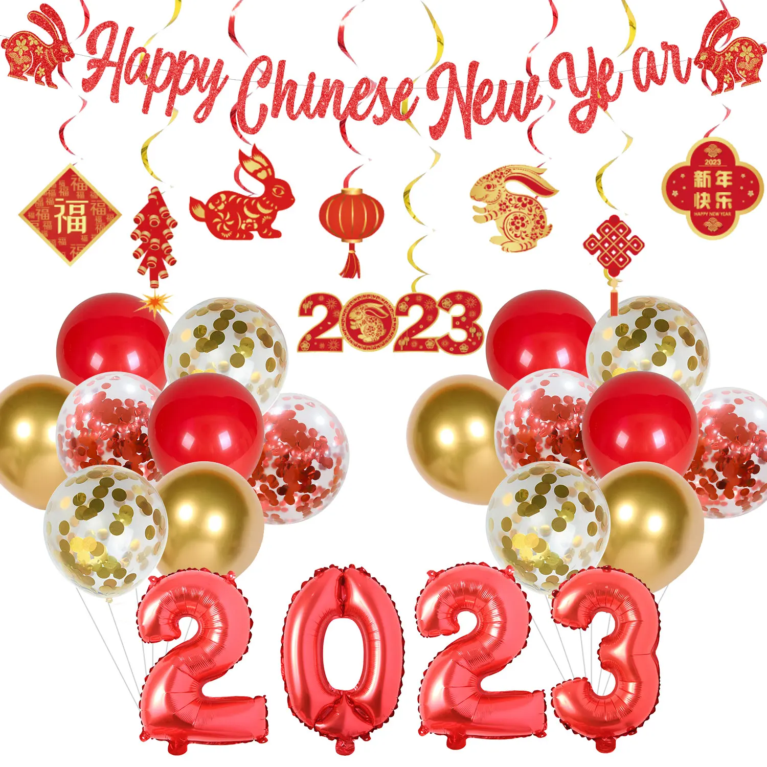 

JOYMEMO, праздничная вечеринка на весну 2023, яркий китайский новогодний баннер 2023, воздушный шар из фольги, красное золото, подвесные украшения д...
