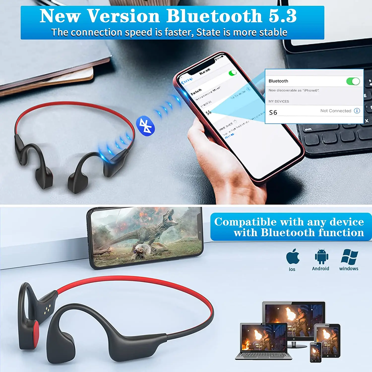Фото Наушники с костной проводимостью, MP3, беспроводная Bluetooth 5,3, гарнитура для плавания, спорта, IPX8, водонепроницаемые с микрофоном, ушной крючок, Hi-Fi стерео №3