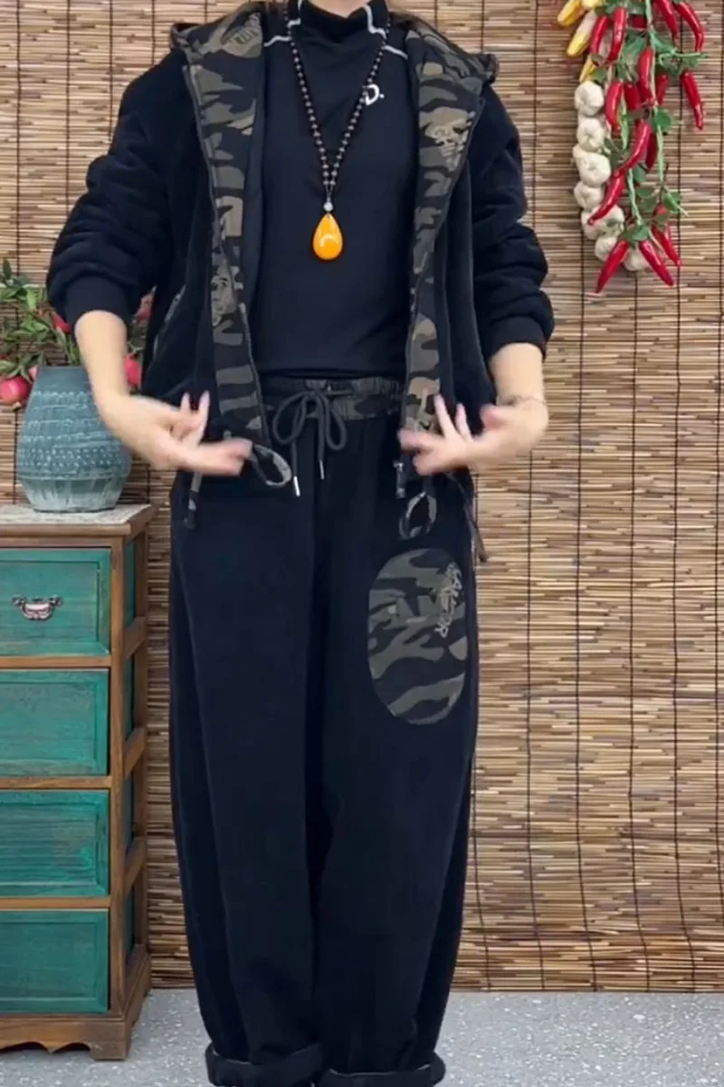 Осень-зима 2024 вельветовый комплект с капюшоном женская свободная утягивающая