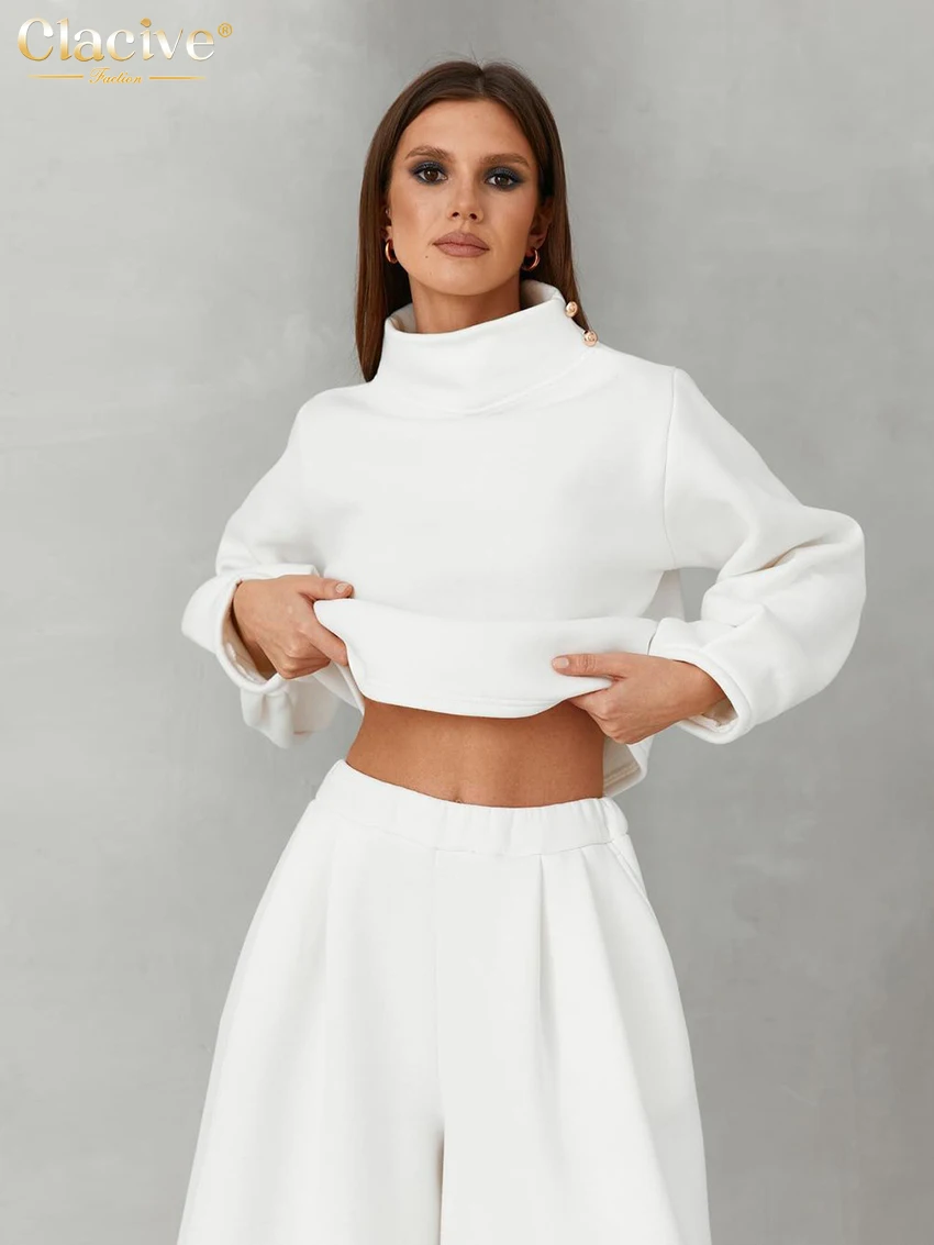 

Clacive Winter Loose White Women'S Tracksuit Fashion High Waist Wide Pants Set Elegant Long Sleeve Top 2 Piece Sets Women Outfit