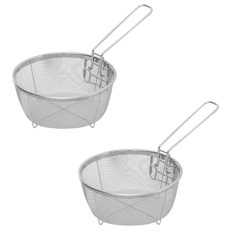 

2Pcs Stainless Steel Fry Baskets Hot Oil Frying Fried Basket With Single Handle Mesh Noodle Dumplings Food Colander