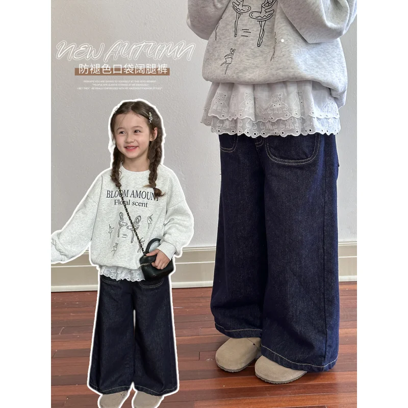 Детские осенние прямые широкие брюки Aimo Beibei в западном стиле с карманами для