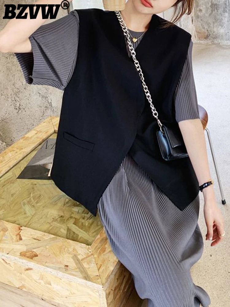 

BZVW New Chic Suit Vest O-neck Short Sleeve Dresses Two Piece Women's Temperament Casual Fashion Female Set 2023 Trend 25X0723