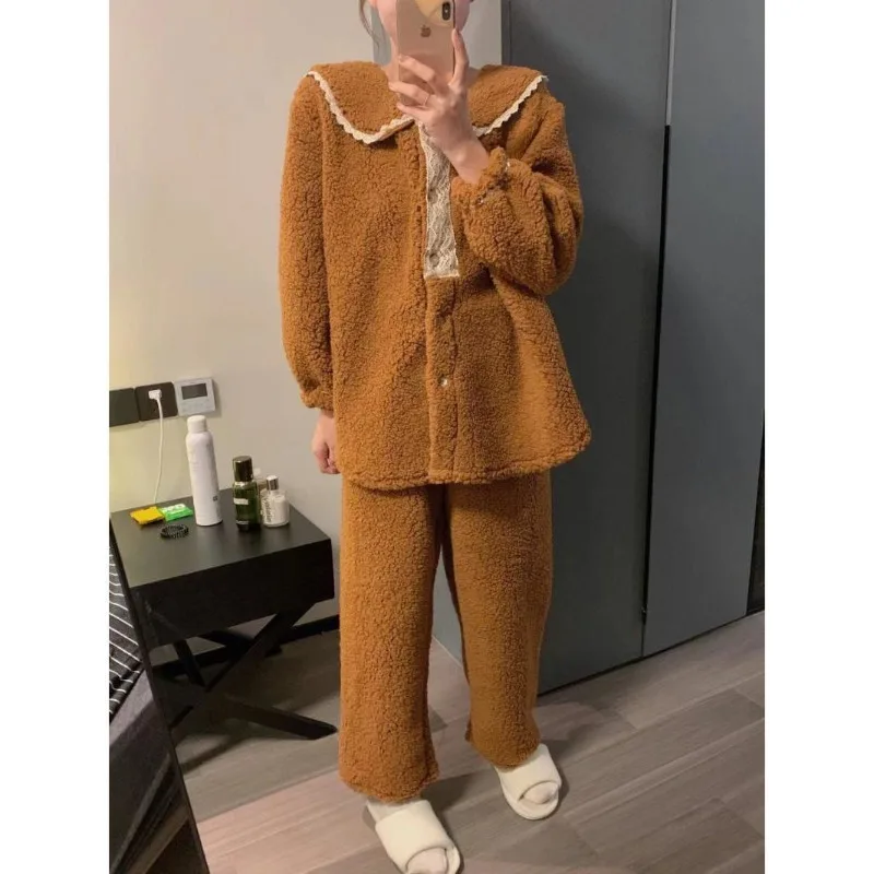 Девочьи милые кружевные пижамы из кораллового флиса женские зимние стильные