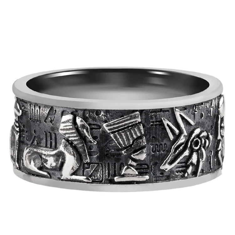 Relief Egyptian Gods Horus Anubis Vintage Ring Fashion Male Ring Single Tail Ring Forefinger images - 6