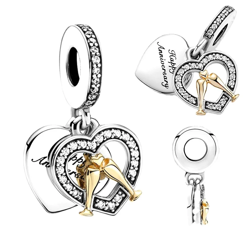 

2022 New Two-Tone Happy Anniversary Charm Beads Fit Original Pandora Bracelet for Women DIY Jewelry Gift