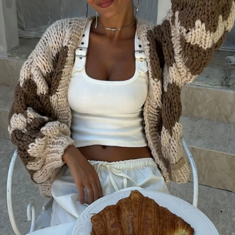 Стильные лоскутные полосатые вязаные кардиганы для женщин осенние модные