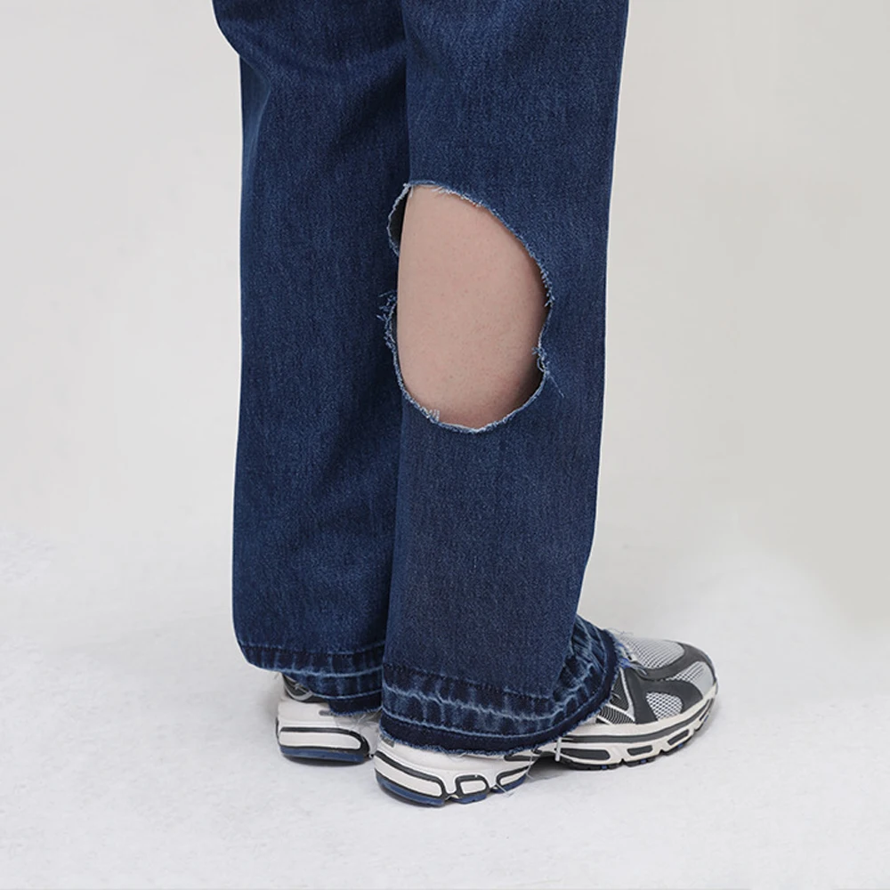 Four Seasons Men's Jeans Blue Hollow Hollow Loose Straight Raw Edge Horn Retro Trend Hip Hop Jeans Streetwear Ins Hot Sale JEANS