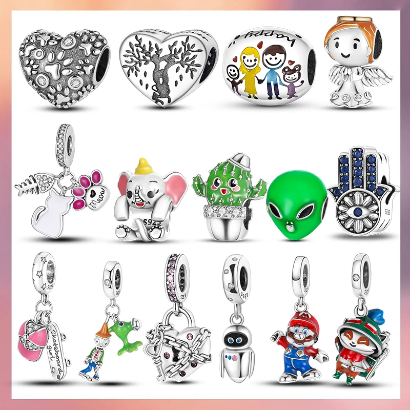 

Charm Silver 925 Family Heart Beads Paw Cat Angel Cactus Pendant For Pandora Charms Bracelet Original Design Brand Jewelry