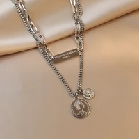 karopel trendy chain carved portrait coin pendant necklace for women punk silver color multilayer chain choker necklace jewelry