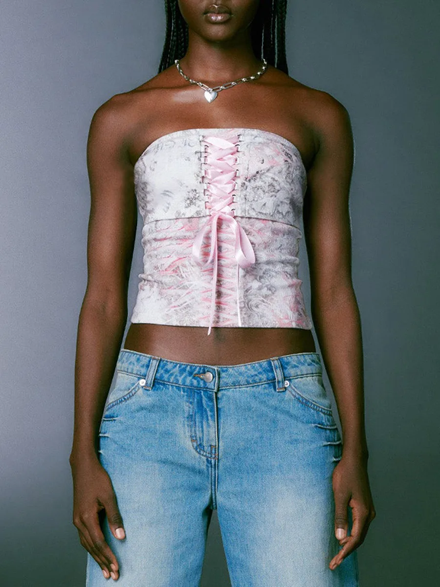 

Women Floral Print Strapless Bandage Bandeau Summer Skinny Tube Top Sleeveless Off Shoulder Slim Camis Crop Tops Y2K Fairycore