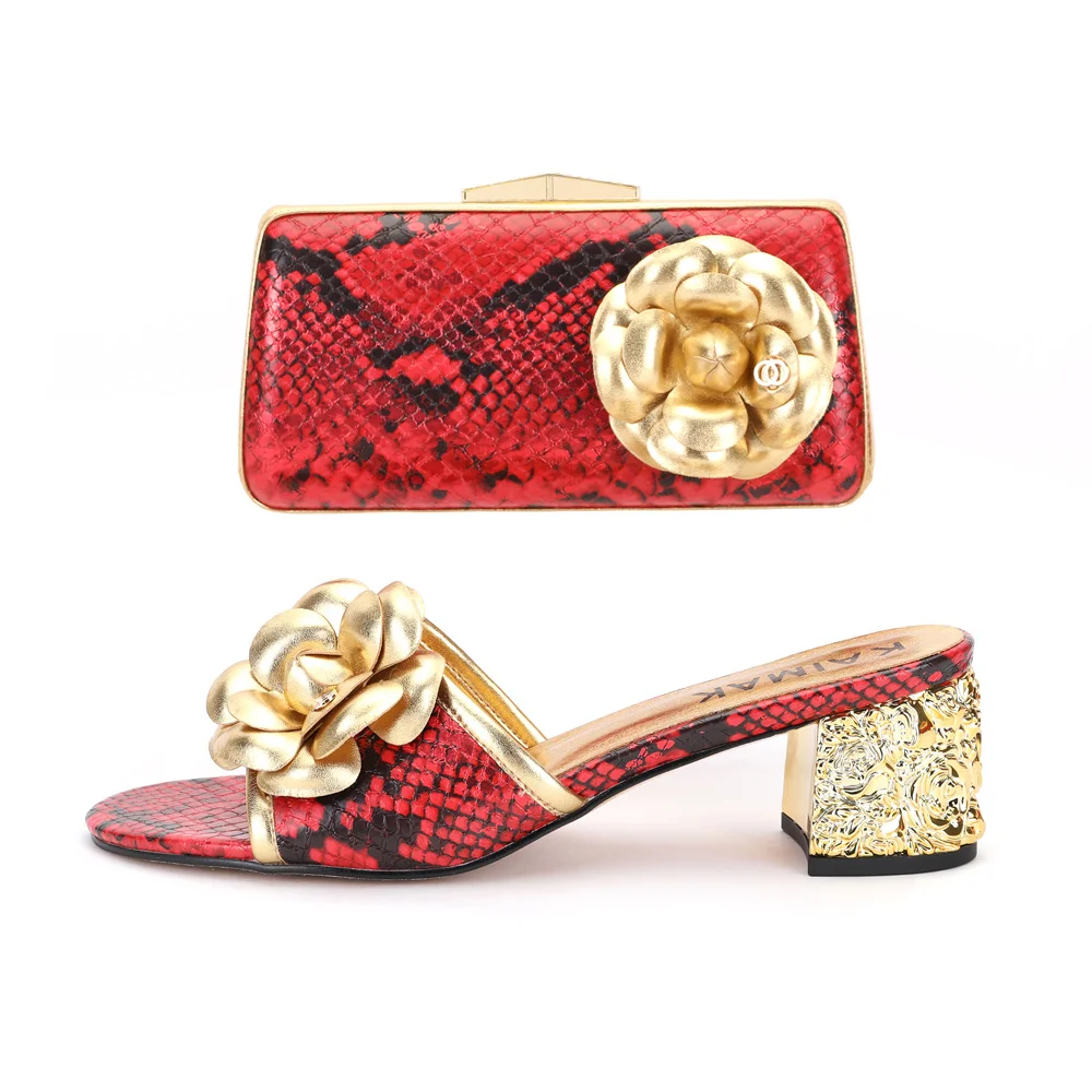 

Venus Chan New Arrival Spring Gold With Red Color Sandals Shoes And Bags Set Fashion Italian Women Wedge shoes And Bag Set