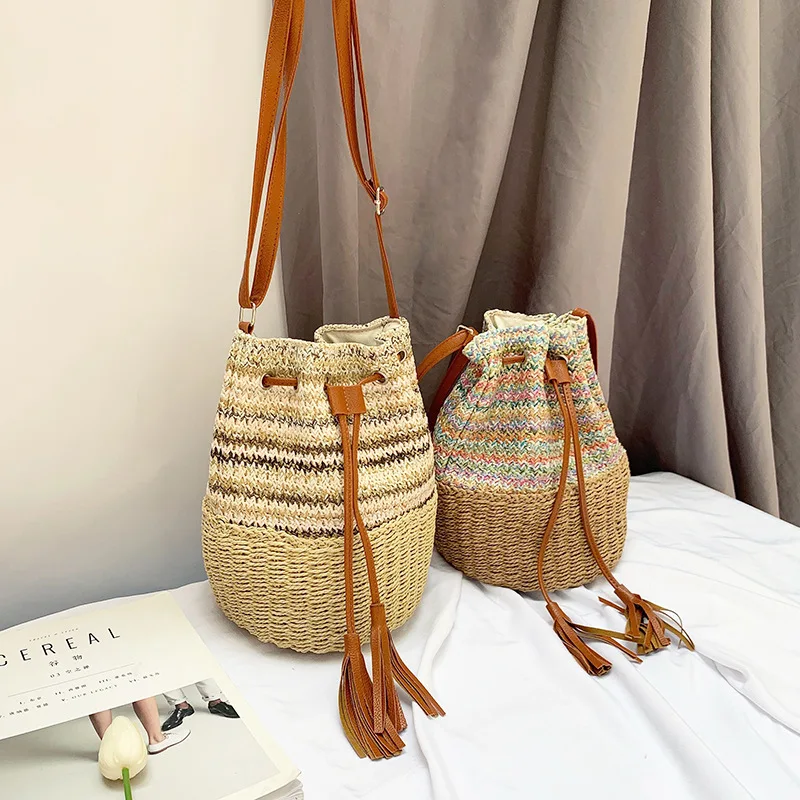 

Fashion Weaving Bags for Women Handmade Holidays Beach Bag Purse Straw Bucket Sape Handbags