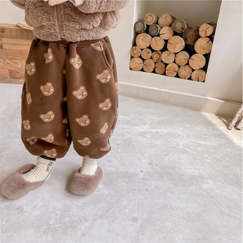 

Baby Trousers Children Cartoon Bear Pattern Plus Fleece Elastic Waist Tie Feet Pantalones Casual Warm Cotton Pants Kids Winter