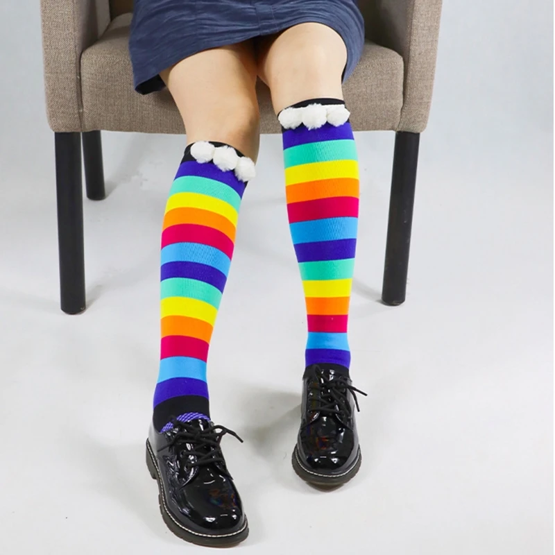 

Women Goth Punk Knee High Socks Japanese Harajuku Lolita Colorful Heart Polka Dot Print Furry Feather Trim Calf Stocking