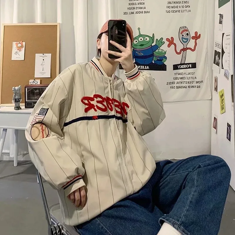 

Spring and Autumn American Retro Flocking Letter Embroidery Jacket Men's Tide Brand Ins Loose Casual All-match Baseball Jacket