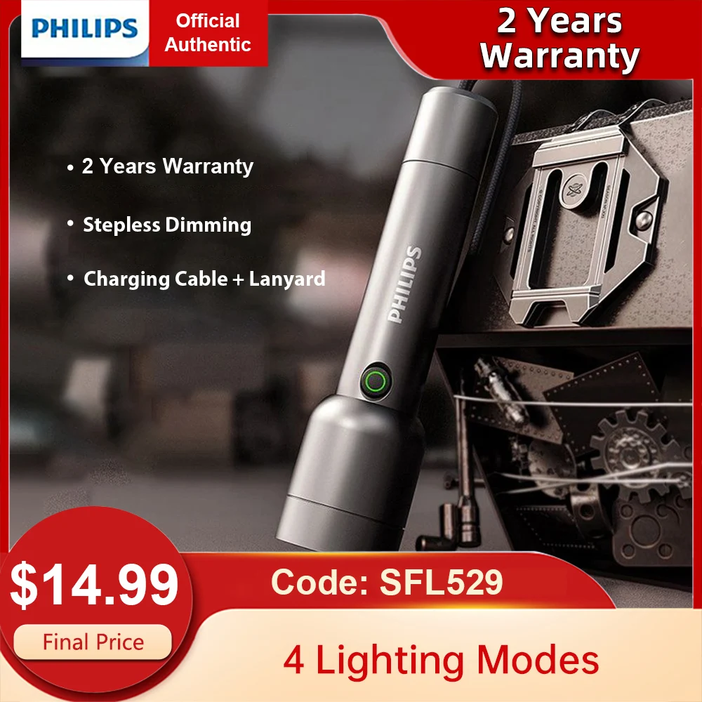 Philips-linterna LED recargable para exteriores, potente linterna brillante portátil, lámpara de Camping para senderismo, autodefensa