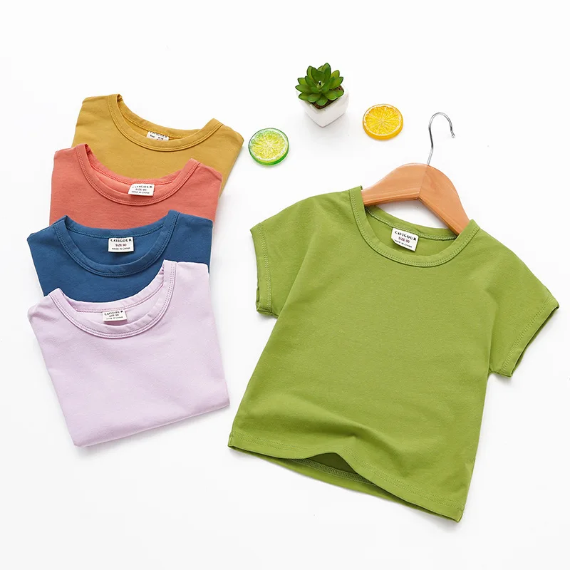 

2022 Summer New Baby Girl Loose Short Sleeve Round Neck Cotton T-shirt Casual Solid Color Tops Tees