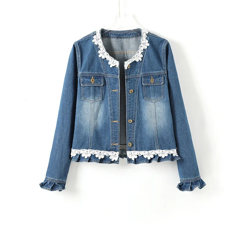 

Korean Women Slim Short Lace Splicing Denim Jacket Round Neck Long Sleeve Spring Autumn Jeans Jacket Female Outwear Streetwear