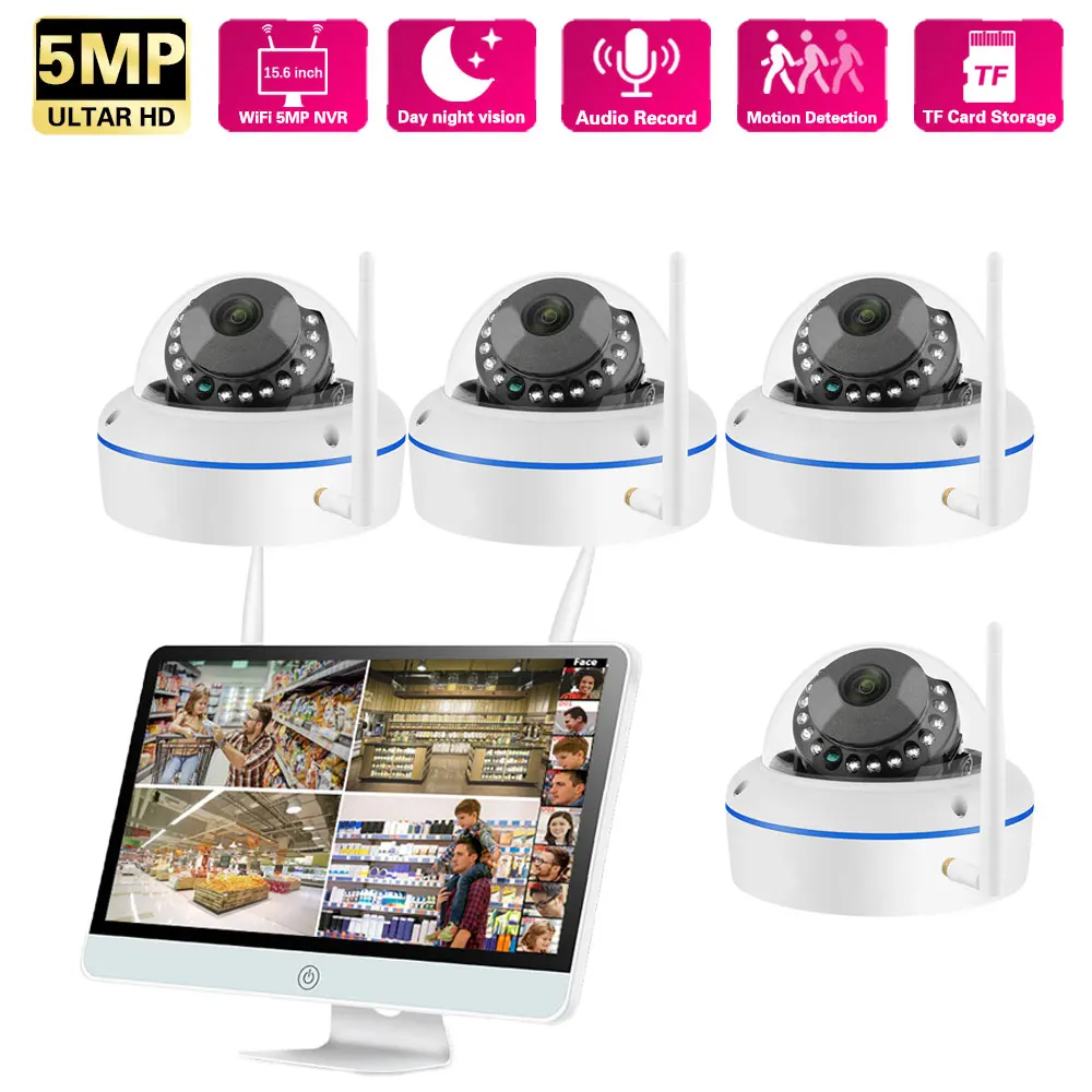 

5MP 8CH Audio Wireless Camera CCTV Kit 15.6" LCD Monitor Outdoor Explosion-Proof Dome Video Security Camera System WIFI NVR Kit