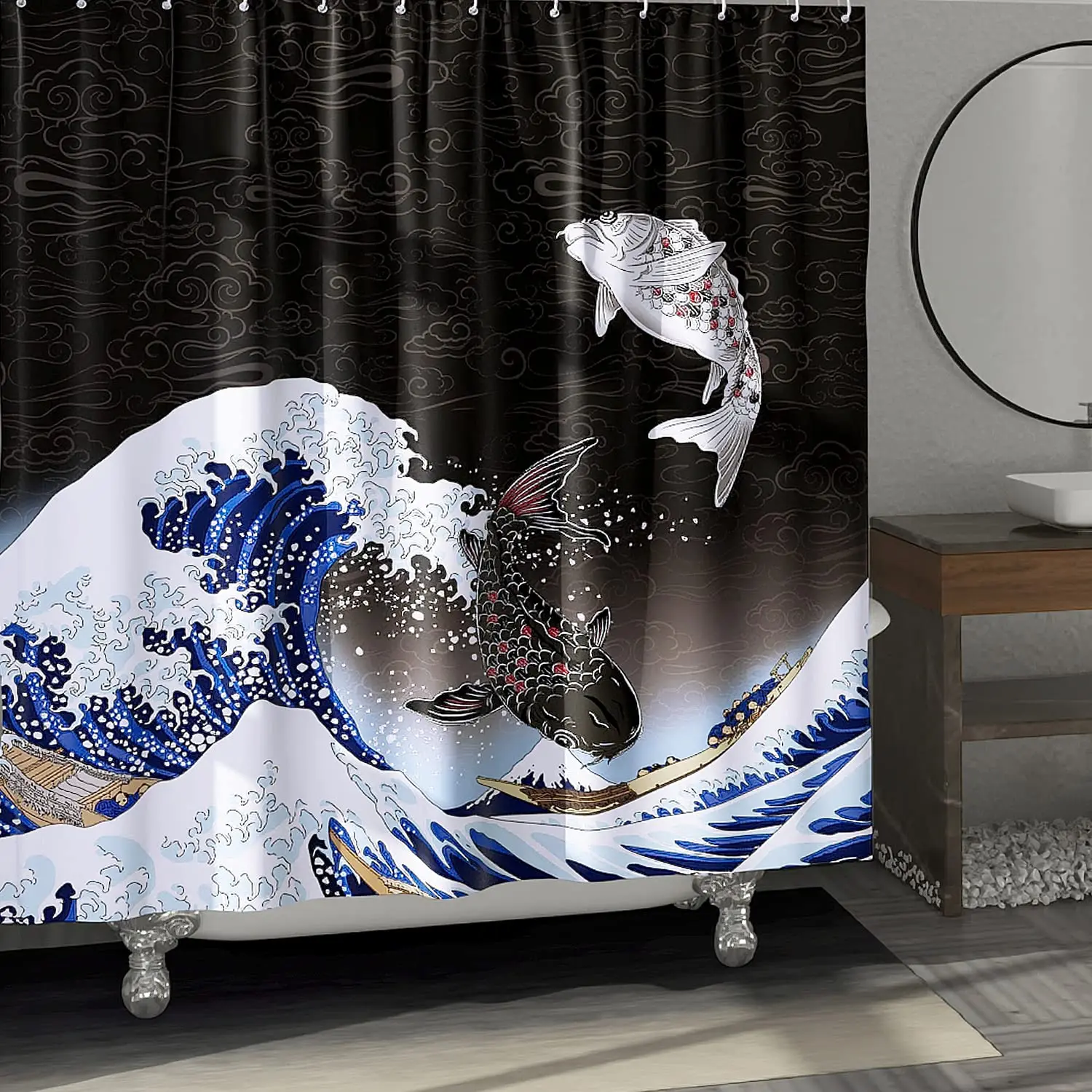 

Shower Curtain Cherry Blossom Pulm Flower Moon Koi Fish Kanagawa Waves Asian Romantic Fabric Bathroom Curtains