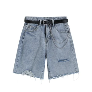 Simple Blue Five-point Jeans Women's Summer New Korean Loose Straight Shorts Ripped Hole Raw Edge La