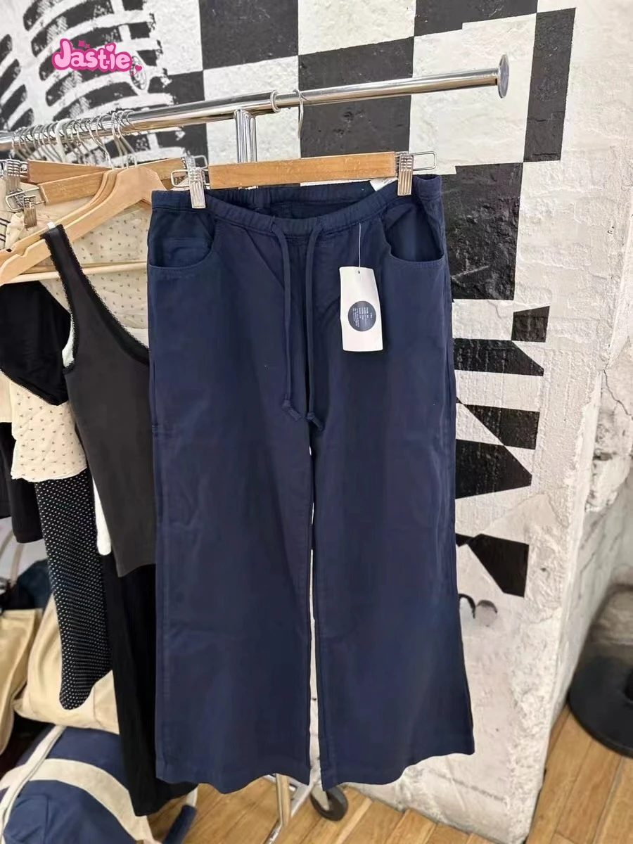 Американские винтажные прямые брюки Y2K на шнуровке темно-синие повседневные