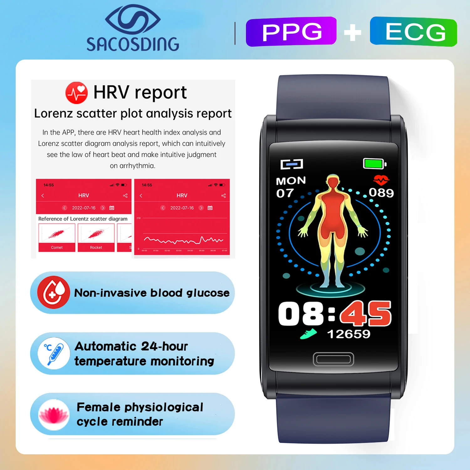 

SACOSDING Smart Bracelet Noninvasive Blood Glucose ECG Blood Pressure Healthy SmartBracelet Thermometer Watches IP68 Waterproof
