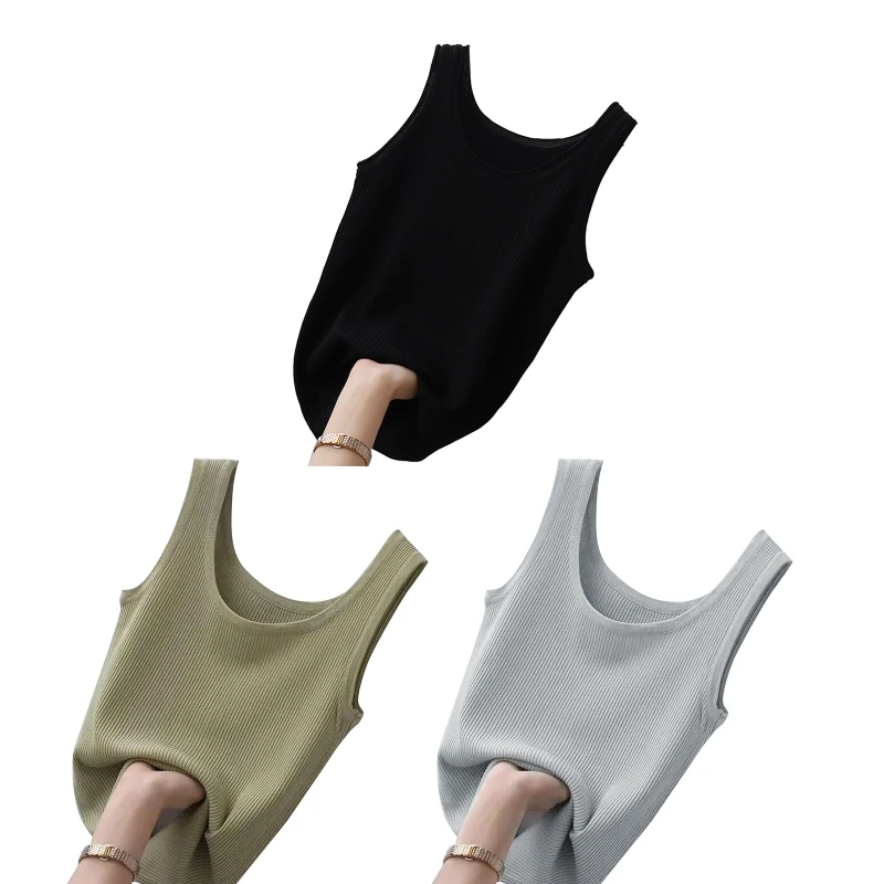 All-matching Tank Top for Women Basic Crew Neck Crop Top Rib Knit Solid Camisole