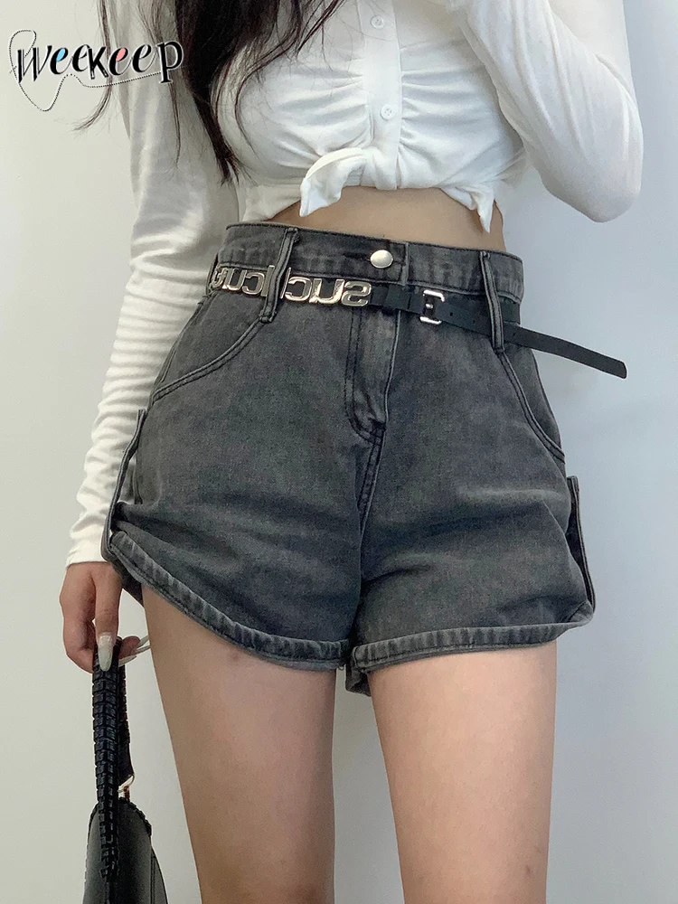 

Женские джинсовые шорты с высокой талией Weekeep, свободные короткие джинсы с широкими пуговицами, Повседневная Уличная одежда в Корейском сти...