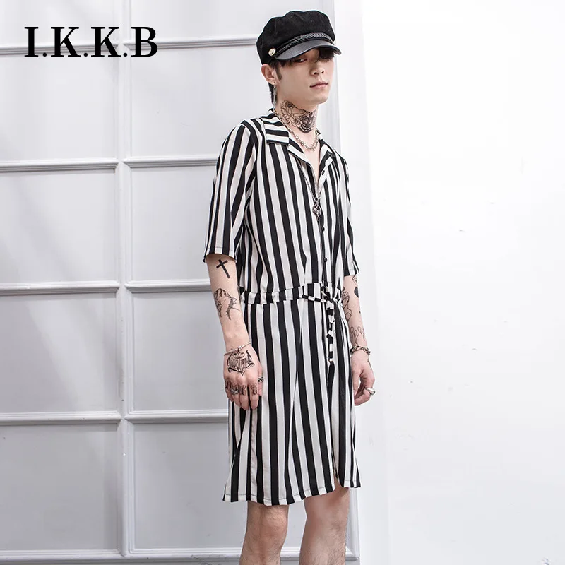M-4XL Summer New Men Japanese Hip-hop Jumpsuits Trendy Male Retro Loose Short-sleeved Onesies Vertical Striped Shorts Overalls