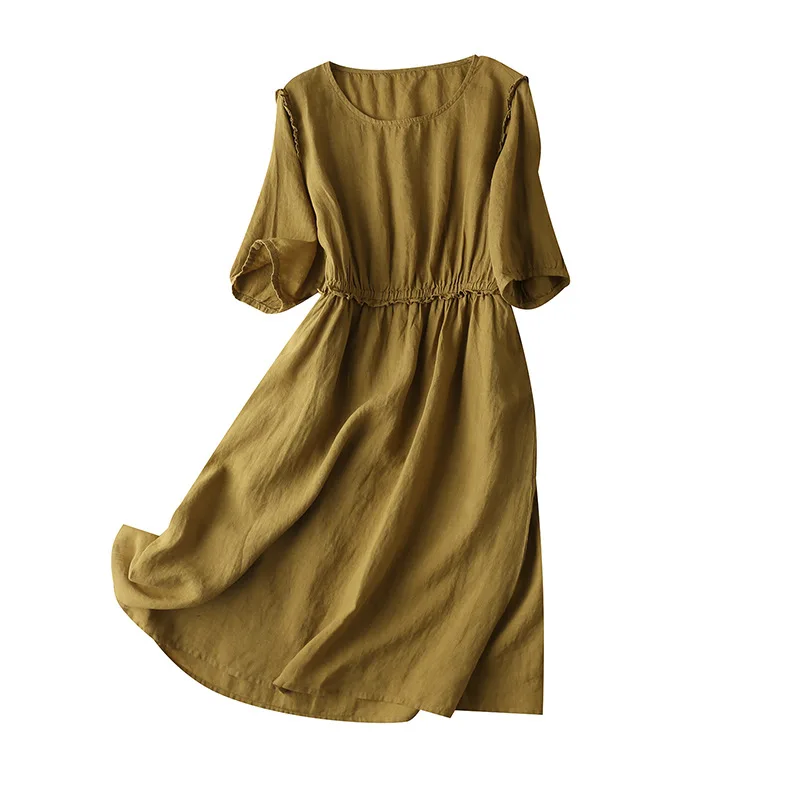 

SHUCHAN Linen Vestido De Mujer Dress for Women A-LINE Japan Style Mid-Calf O-Neck Summer Vintage Dress