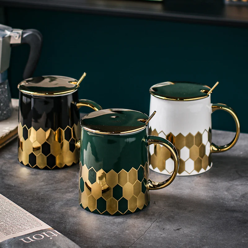 

European Luxury Gold Handle Ceramic Mug Bone China Cup Home Office Cup Cover Coffee Cup Gift Cup