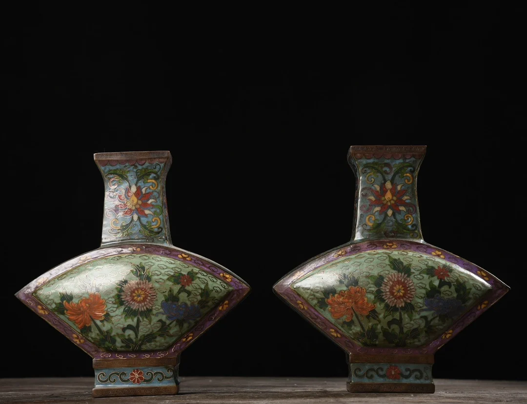 

10"Tibetan Temple Collection Old Bronze Cloisonne Enamel Rich flowers bloom Fan shaped bottle vase A pair Ornaments Town House