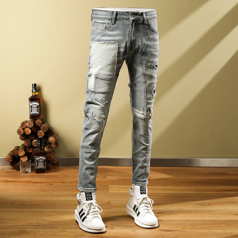 Street Fashion Men Jeans Retro Light Blue Elastic Stretch Skinny Ripped Jeans Men Spliced Designer Patched Hip Hop Pants Hombre