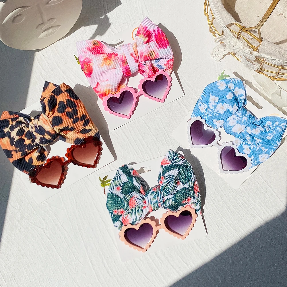 

2Pcs/Set Leopard Print Bows Baby Headband Girls Elastic Nylon Hair Bands Beach Heart Sunglasses Headwear Kids Hair Accessories