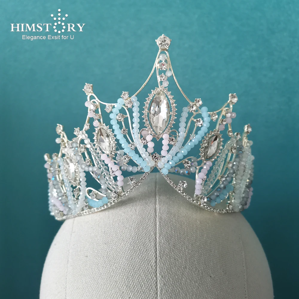 

HIMSTORY Luxury Pink Blue Crystal Crown Hair Accessories Tiara For Women Wedding Bridal Rhinestone Princess Jewelries
