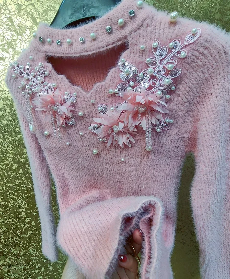 Свитер женский в китайском стиле милый розовый утолщенный Блестящий пуловер из