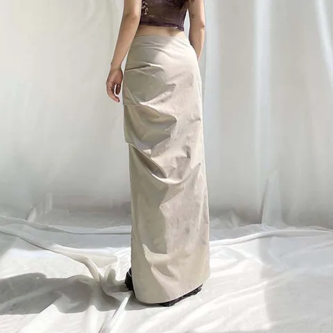 Y2k White Front Ruffle Drawstring Casual Long Skirts Women Back Streetwear With Pockets Low Waist Loose Preppy Cargo Skirt