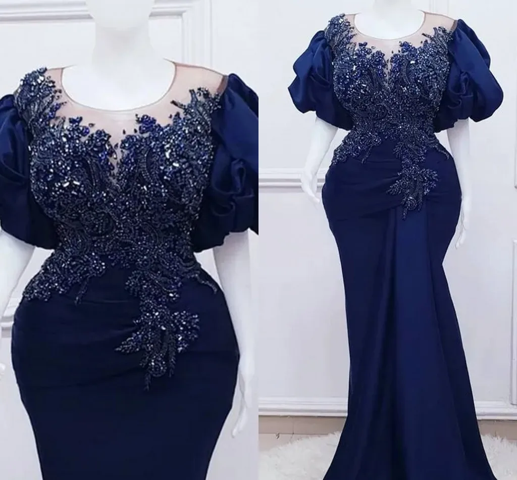 

Arabic Aso Ebi Navy Blue Mermaid Prom Dress 2023 Lace Beaded Crystals Pageant Birthday Evening Formal Gowns Robe De Soiree