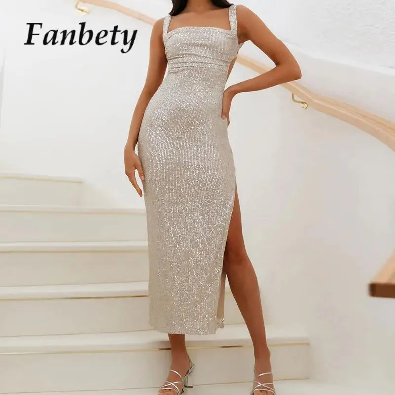 

Сексуальное блестящее облегающее платье с открытой спиной и блестками, женское элегантное платье на бретельках с открытыми плечами, офисное длинное платье без рукавов с разрезом