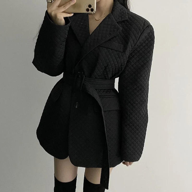 2021 New Autumn and Winter Women's Clothing Quilted Warm Plaid Loose Long-sleeved Lapel Single-breasted Suit Padded Jacket Women