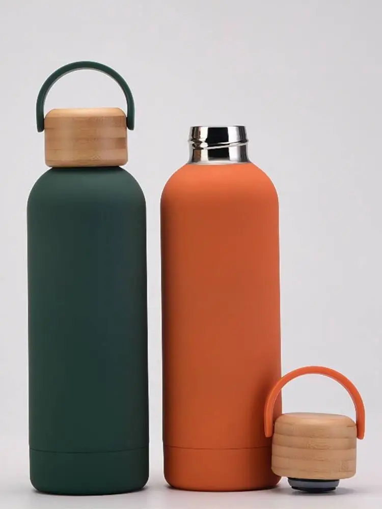 500ml Outdoor Thermos Water Bottle with Portable Bamboo Wood Lid Rubber Paint Stainless Steel Warmer Tumblers for Travel