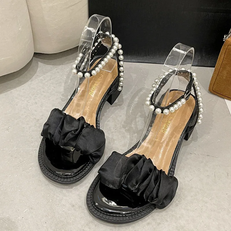 Босоножки с белым бантом и жемчугом Стразы лентой милые в стиле принцессы на