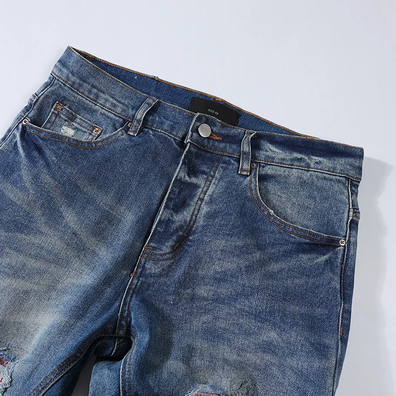 Street Fashion Men Jeans Retro Blue Stretch Skinny Ripped Jeans Button Fly Pink Beading Patched Designer Hip Hop Brand Pants Men