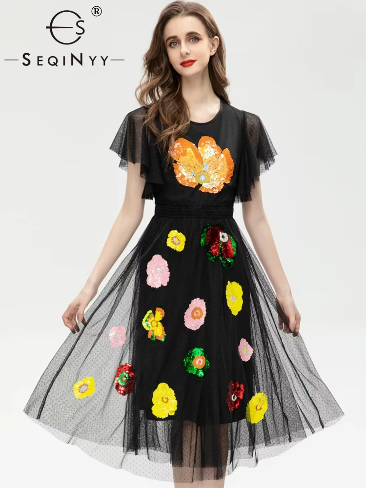 SEQINYY Elegant Midi Dress Summer Spring New Fashion Design Women Runway High Street Embroidery Flowers Sequined Lace Mesh